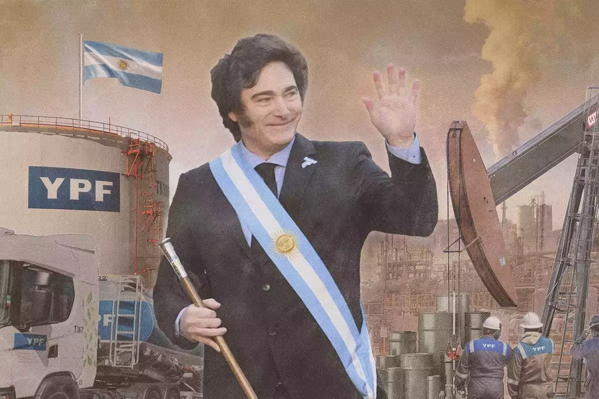 A man with a presidential sash and staff greets in front of an industrial background with YPF tanks and machinery and an Argentine flag waving.