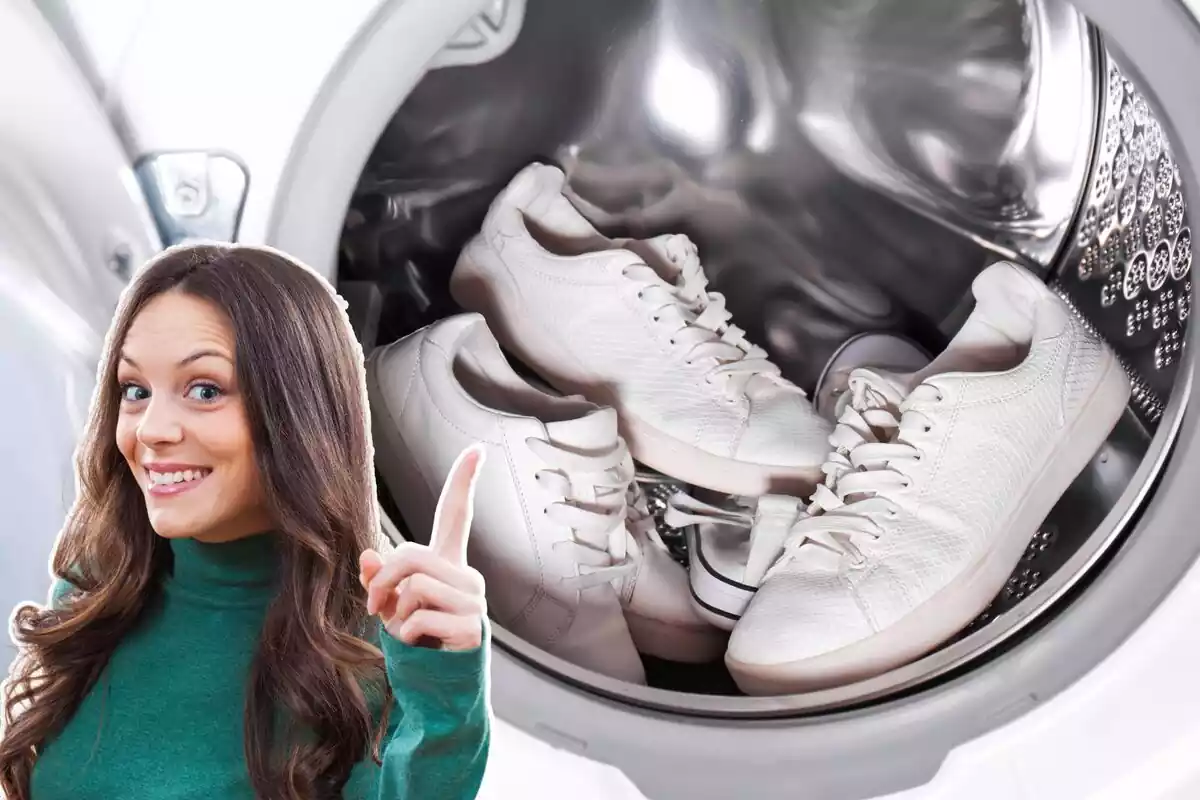 Imagen de fondo de una lavadora con zapatillas blancas dentro y otra de una mujer señalando a la lavadora