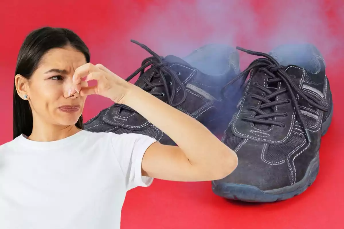 Una mujer se tapa la nariz con la mano debido al mal olor que emana de un par de zapatos deportivos negros sobre un fondo rojo.