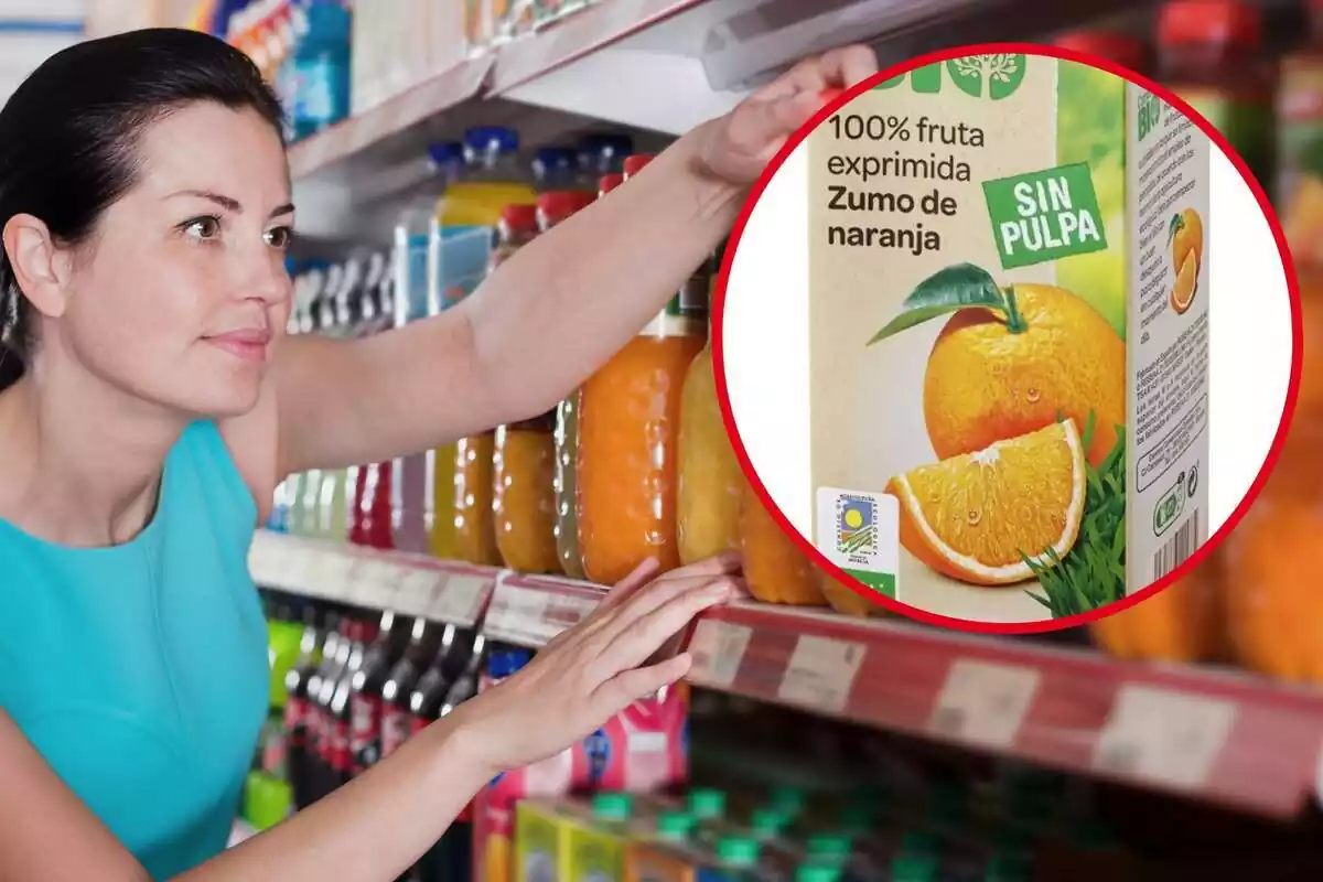 Imagen de fondo de una mujer mirando zumos en un supermercado y otra de un zumo de naranja