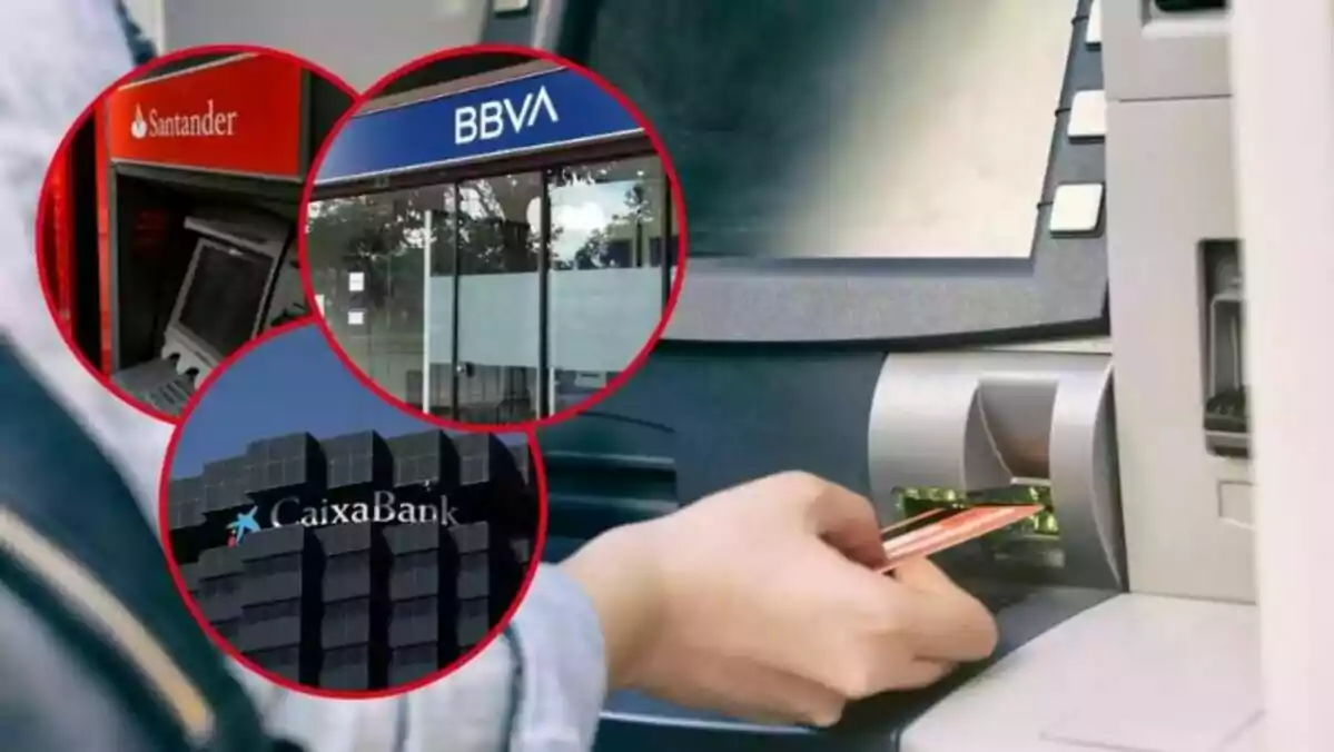 Cajero automático con fachadas de distintos bancos de España