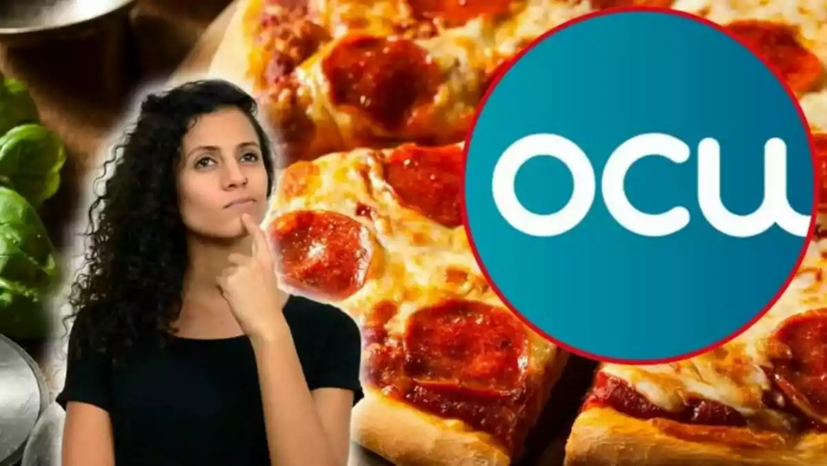 Chica con un rostro pensativo, una pizza de fondo, y el logo de la OCU